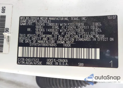 2008 Toyota Tundra Sr5 4.7L V8 z USA, uszkodzony, nr VIN 5TFRT54198X016845